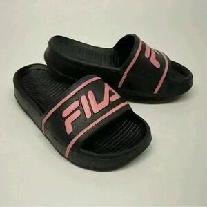 Fila Slide Sandals Black Pink Logo Slip On Flip Flops